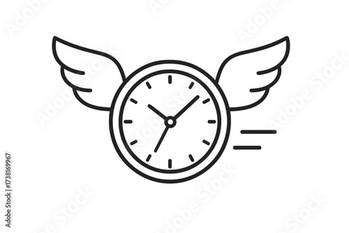Time flies concept with a flying clock icon. Vector line art for express delivery, rush, and business deadlines. Metaphor for speed, urgency, and efficient time management.