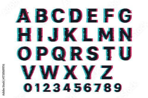 Trendy distorted glitch font with letters and numbers. Vector alphabet for modern design. Digital noise typeface with anaglyph stereoscopic effect for social media posts.