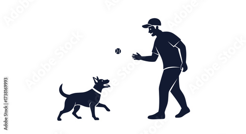A man and his dog playing fetch with a ball outdoors.