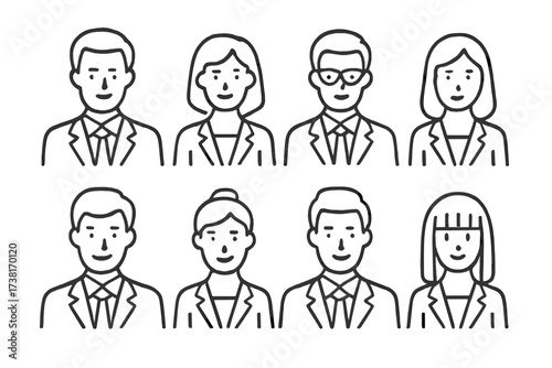 Business people icon set. Male and female avatars. Vector line art illustration. Professional team headshots for corporate profiles. Simple modern character portraits collection.
