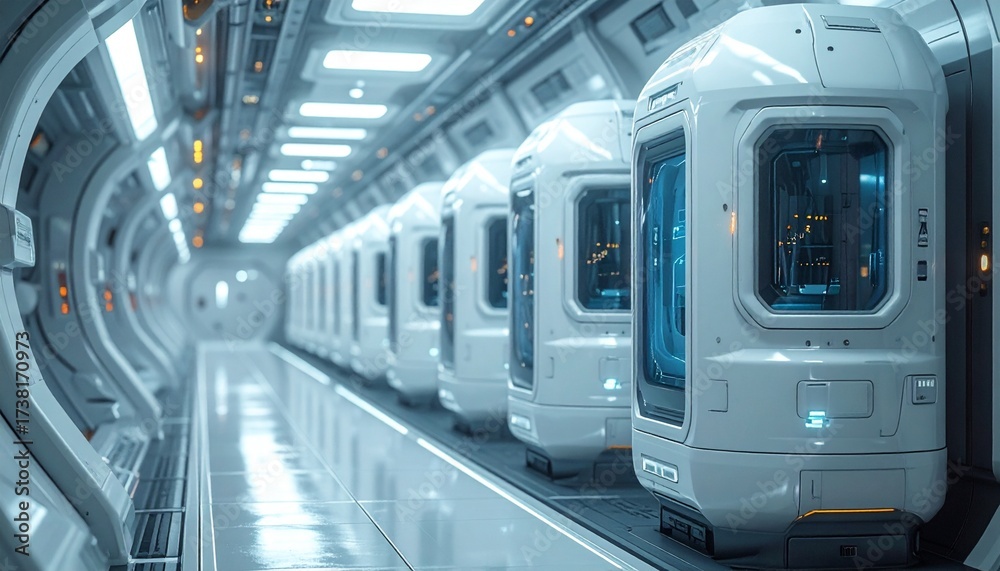 Obraz premium Futuristic interior of a spaceship, with a line of passenger pods, with bright and advanced interior design