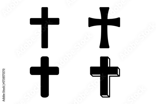 Christian cross icon set. Collection of different black religious symbols. Faith, crucifix, Jesus, God concept. Easter and church silhouette signs for graphic design vector.