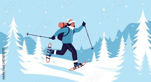 A man snowshoeing through a winter forest with snow falling.