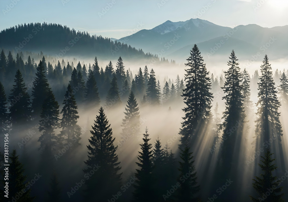 Fototapeta premium Amazing misty foggy forest landscape with perfect nature light