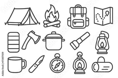 Camping and hiking equipment icon set. Outdoor adventure and travel essentials. Line art vector illustration of tent, campfire, backpack, map, compass, axe and lantern.