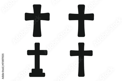 Set of black christian crosses. Religious symbol silhouette collection. Vector illustration of different crucifix shapes. Faith and catholicism icon pack for graphic design.
