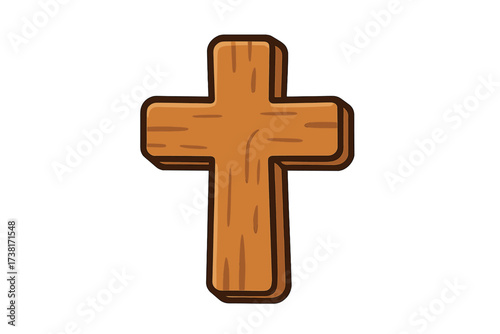 Wooden cross vector icon. Christian sign. Religious symbol. Flat cartoon illustration. Wood texture crucifix. Concept of faith, salvation, spirituality, Easter, church, God, Jesus.