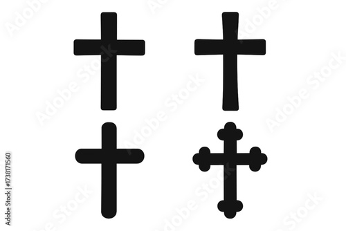 Christian cross silhouette icon set. Various styles of religious symbols. Black graphic crucifix collection. Faith, religion, spirituality concept. Vector elements for church design.