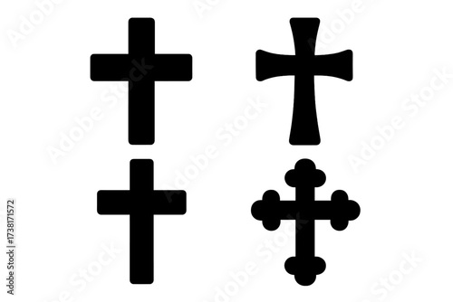 Set of Christian cross silhouettes. Religious symbols collection. Vector icons for faith, spirituality, and crucifix design. Orthodox and Catholic church graphic elements.