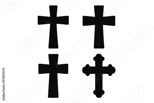Christian cross silhouette vector set. Black religious symbol collection. Icon of faith, crucifix, catholic and orthodox church sign. Christianity, God, Jesus, Easter graphic element.