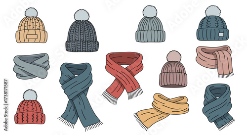 A collection of knitted winter hats and scarves.