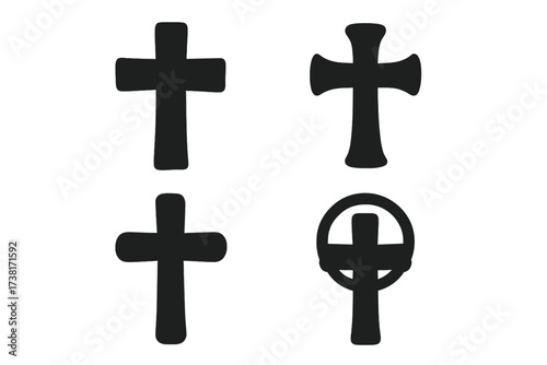 Set of black Christian cross silhouettes. Vector icon collection of religious symbols. Faith, crucifix, and Celtic cross illustration for graphic design. Isolated on white.