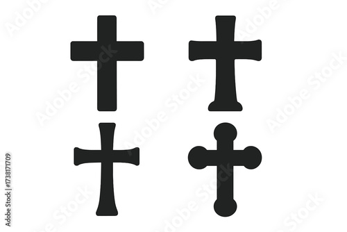 Set of black Christian cross silhouettes. Collection of religious symbols. Latin, Protestant, and Catholic crucifix icons for faith, Easter, and church concepts. Vector graphic.