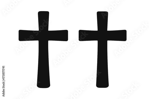Set of two black Christian cross icons. Religious symbol of faith, God, and Jesus Christ. Protestant crucifix silhouette for Easter. Spirituality, belief, church vector logo.