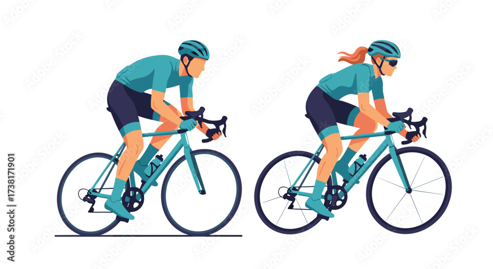 Fototapeta premium Men and women cycling on road bikes wearing helmets and athletic gear.