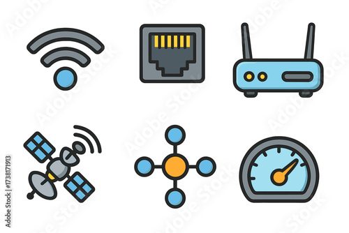 Internet connectivity icons set. Wifi, ethernet port, router, satellite communication, network hub, and speed test symbol. Vector cartoon illustration for technology concept.