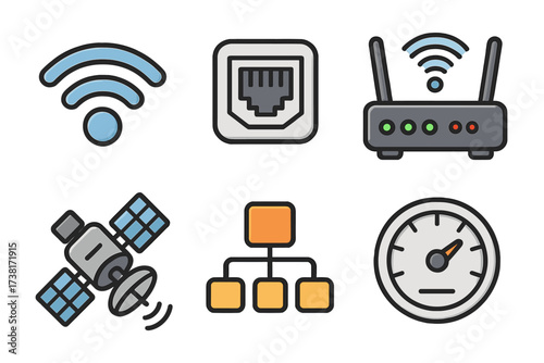 Connectivity icon set. Internet connection symbols. Wifi, ethernet port, modem router, satellite dish, network diagram, speed test. Vector cartoon illustration for web design.