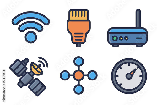 Connectivity icon set. Vector cartoon symbols for internet connection: Wi-Fi signal, ethernet plug, router, satellite, network hub, and speed test. Technology communication signs.