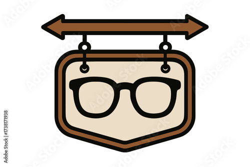 Optician and glasses store sign vector illustration. Eyewear shop logo with eyeglasses silhouette. Concept for optometrist, vision care, sight test, and ophthalmology.