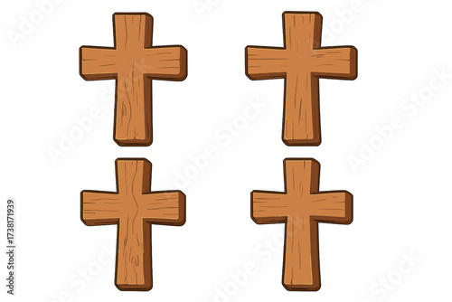 Wooden cross vector set. Christian symbol of faith, religion, and salvation. Cartoon illustration of a crucifix. Religious graphic element for Easter, church, and spiritual design.
