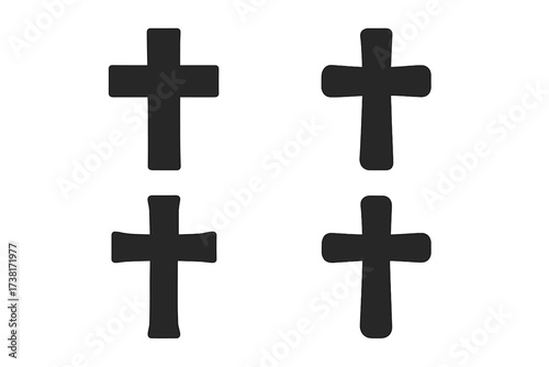 Black cross icon set. Christian religious symbol collection. Flat design vector illustration isolated on white. For faith, God, church, holy, spirit, prayer, Easter, crucifix.