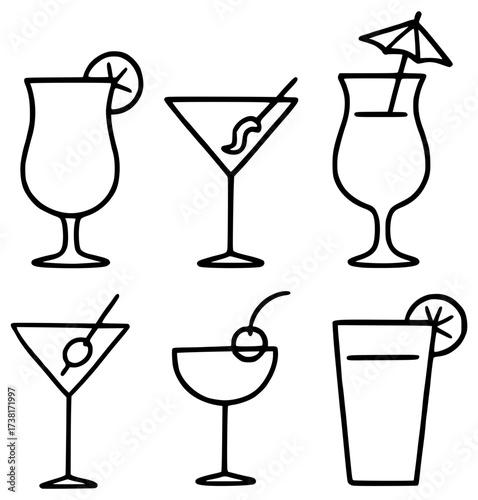 A set of glasses with different alcoholic drinks