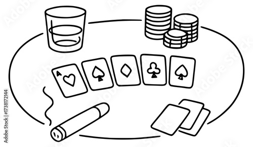 Poker table with cards, chips, cigar and drink