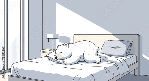 illustration of a polar bear sleeping hibernation on a modern bed in a bright bedroom with large windows, symbolizing comfort, relaxation, and peaceful rest for lifestyle and wellness concepts