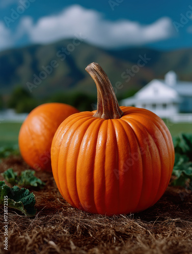 Close up of bright orange pumpkin in field with mountain and farmhouse in background, evoking serene autumn atmosphere