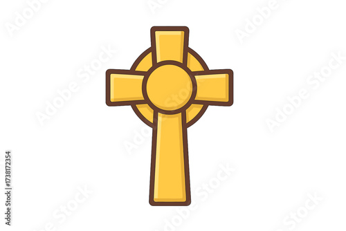 Celtic cross vector icon. Golden stone cross symbol of Irish heritage and faith. Christianity, religion, and spirituality concept. St. Patrick's Day element. Cartoon flat style.