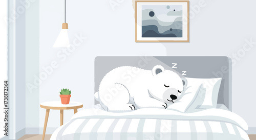 illustration of a polar bear sleeping hibernation on a modern bed in a bright bedroom with large windows, symbolizing comfort, relaxation, and peaceful rest for lifestyle and wellness concepts