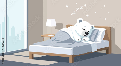 illustration of a polar bear sleeping hibernation on a modern bed in a bright bedroom with large windows, symbolizing comfort, relaxation, and peaceful rest for lifestyle and wellness concepts