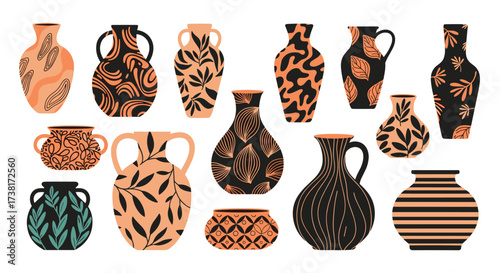 Collection of decorative ceramic vases with artistic patterns.