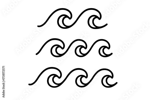 Wave icon set. Water line sign. Vector illustration. Sea, ocean, surf, splash, ripple. Flowing liquid symbol. Nature, travel, summer design element. Seamless border.
