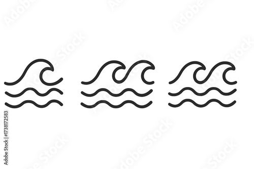 Wave line icon set. Simple water, sea, and ocean wave vector symbols. Minimalist outline graphic for logo design. Abstract liquid, surf, and flow concept for nature or weather.