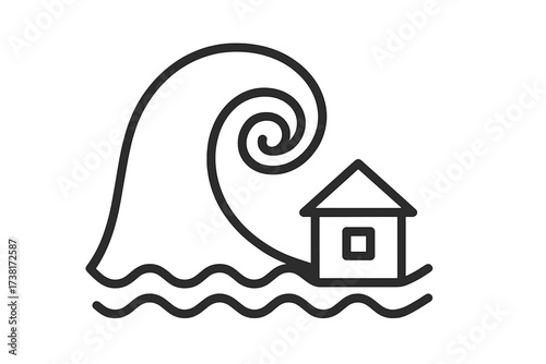 Tsunami wave icon. Natural disaster, catastrophe concept. Flood symbol. Climate change, global warming danger. House flooding, home property damage, insurance risk. Storm.