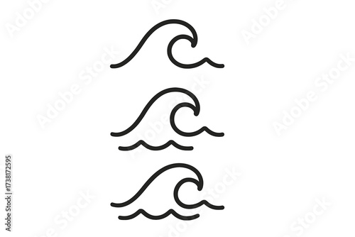 Wave icon set. Simple water line icons. Vector illustration of sea and ocean waves. Minimalist surf symbol collection. Liquid, flow, tide, and beach concept. Black line art.