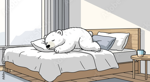illustration of a polar bear sleeping hibernation on a modern bed in a bright bedroom with large windows, symbolizing comfort, relaxation, and peaceful rest for lifestyle and wellness concepts