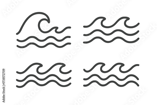 Wave icon set vector illustration. Simple line style water sign. Minimal ocean, sea flow symbol collection. Black outline graphic for surf, aqua, and nature concepts.