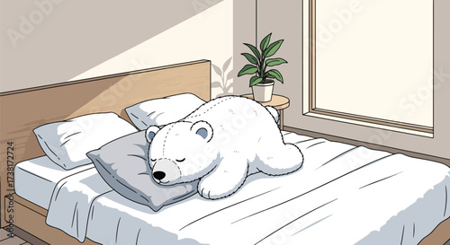 illustration of a polar bear sleeping hibernation on a modern bed in a bright bedroom with large windows, symbolizing comfort, relaxation, and peaceful rest for lifestyle and wellness concepts