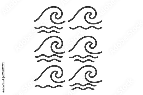 Wave icon set. Simple line style water sign. Vector illustration of ocean and sea waves. Minimalist graphic elements for design. Flow and surf symbol collection isolated.