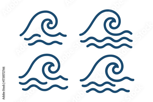 Wave icon set. Sea water symbol collection. Simple ocean waves line art. Minimalist surf logo element. Nautical marine graphic vector illustration. Liquid flow and ripple shape.