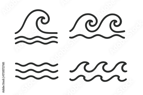 Wave icon set in a minimalist line art style. Simple sea, ocean, and water symbols. Vector graphic elements for surf, flow, and current logos or abstract design concepts.