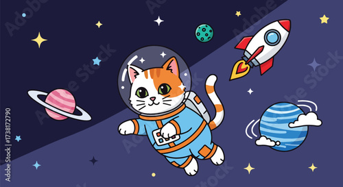 illustration of a cute cat astronaut floating in space with planets, stars, and rockets, perfect for children’s books, science themes, fantasy designs, and creative educational projects