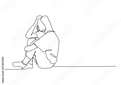 Continuous line art of a young woman feeling sad, tired and worried about mental health depression.