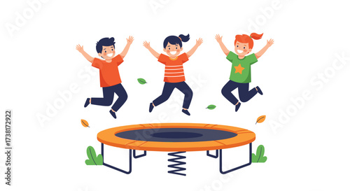 Three children happily jumping on a trampoline outdoors.