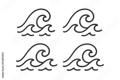 Wave icon set. Simple linear ocean sea water symbol collection. Minimalist surf splash outline graphic element. Vector line art illustration for logo or decorative design.