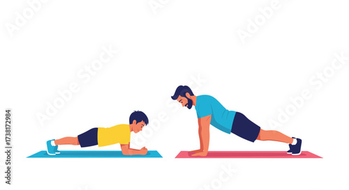 Father and son doing a plank exercise together.