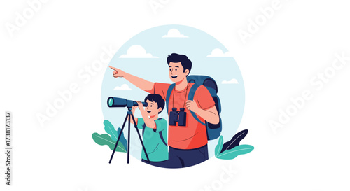 Father and son exploring nature with binoculars and telescope.