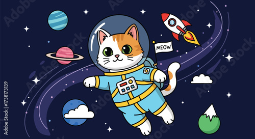 illustration of a cute cat astronaut floating in space with planets, stars, and rockets, perfect for children’s books, science themes, fantasy designs, and creative educational projects